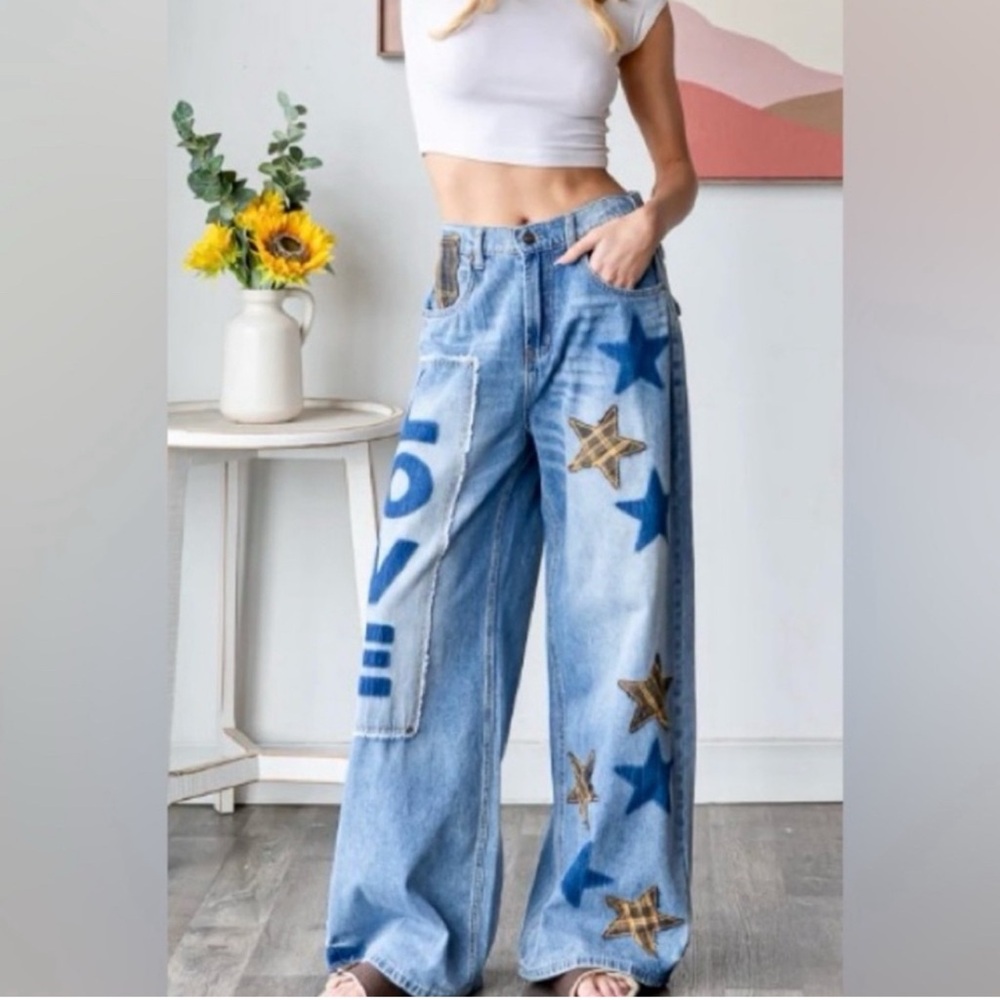 Oli & Hali Love + Stars Patchwork Baggy Jeans | Distressed Denim Pants - Picture 10 of 10